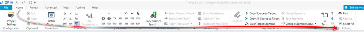 Screenshot of Trados Studio interface showing the Home tab with Editing group partially hidden behind a vertical bar with a right-facing triangle.