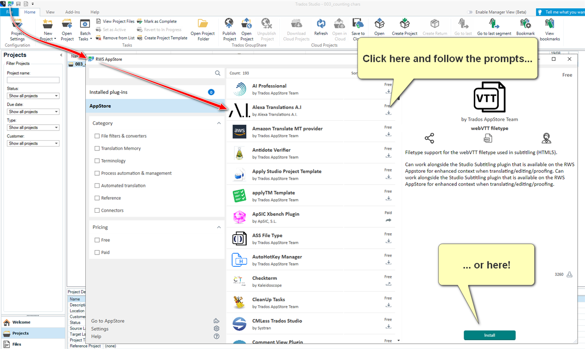Screenshot of Trados Studio interface showing the RWS AppStore tab with a list of plugins. A red arrow points to the 'webVTT filetype' plugin by Trados AppStore Team, indicating to click for installation. Two speech bubbles suggest clicking and following prompts to install.