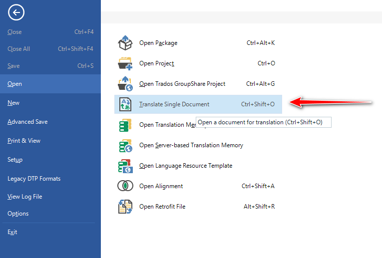 Trados Studio screenshot showing the File menu expanded with options. A red arrow points to 'Open Translation Memory' with the shortcut 'Ctrl+Shift+O'.