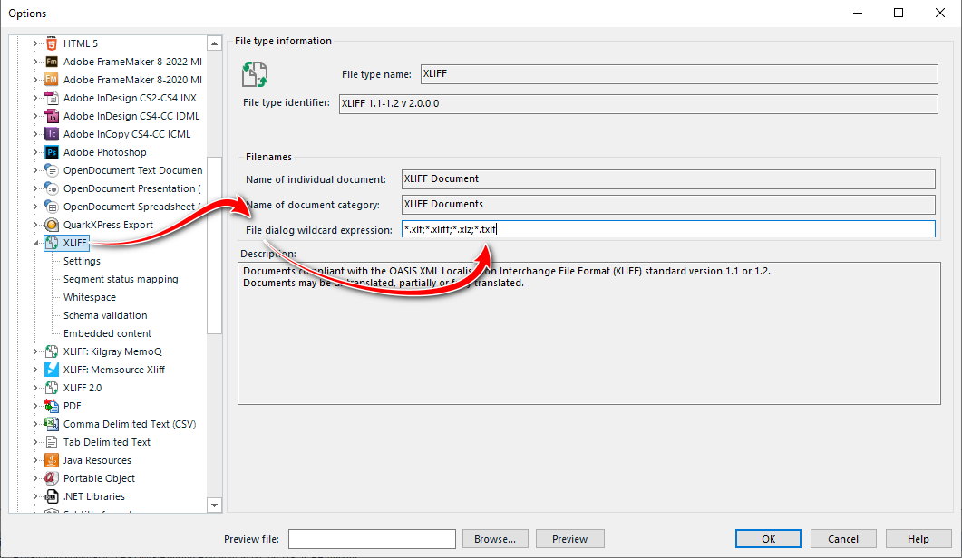 Screenshot of Trados Studio Options dialog showing XLIFF file type settings with a red arrow pointing to the File dialog wildcard expression field containing '*.xlf;*.xliff;*.xltz;*.txlf'.