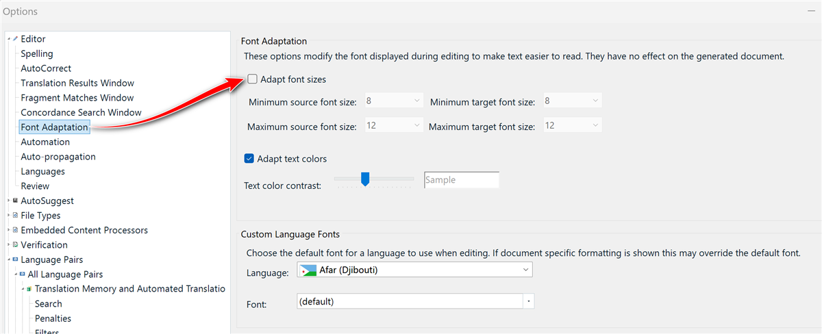 Trados Studio Options dialog showing Editor settings with Font Adaptation section highlighted. Options include adapting font sizes and text colors with dropdowns for minimum and maximum font sizes.