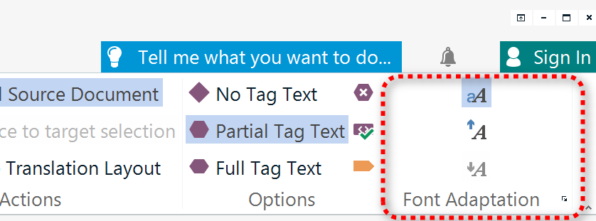 Trados Studio ribbon interface with View menu open showing icons for No Tag Text, Partial Tag Text, Full Tag Text, and Font Adaptation highlighted indicating options for adjusting the editor view.