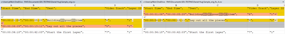 Comparison of two CSV files side by side. The left file has control characters 'OD' and 'OA' next to the text. The right file shows the same content without visible control characters.