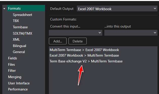 Screenshot of the Glossary Converter settings showing the various formats supported and with an arrow pointing to 'Term Base eXchange V2 > MultiTerm Termbase' conversion option.