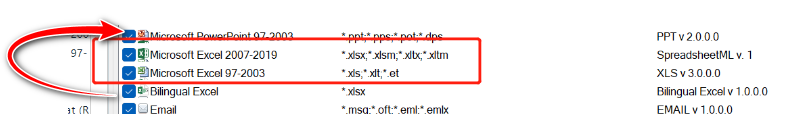 Screenshot showing a list of file types in Trados Studio with a red box highlighting 'Microsoft Excel 2007-2019' and 'Bilingual Excel'. An arrow indicates that 'Bilingual Excel' should be moved above 'Microsoft Excel 2007-2019'.