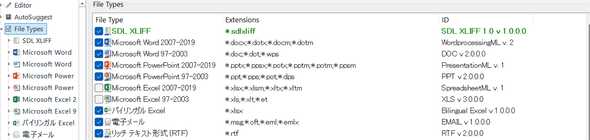 Trados Studio File Types settings window showing various file types like SDL XLIFF, Microsoft Word, and Excel with their corresponding extensions and IDs.