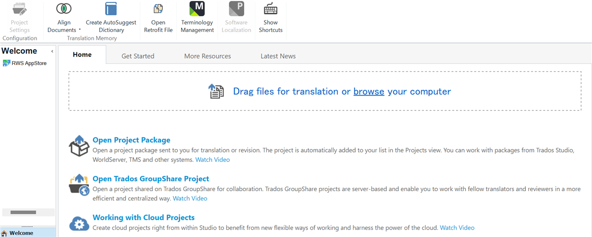 Trados Studio Welcome screen displaying options like 'Open Project Package', 'Create AutoSuggest Dictionary', and 'Drag files for translation or browse your computer'.