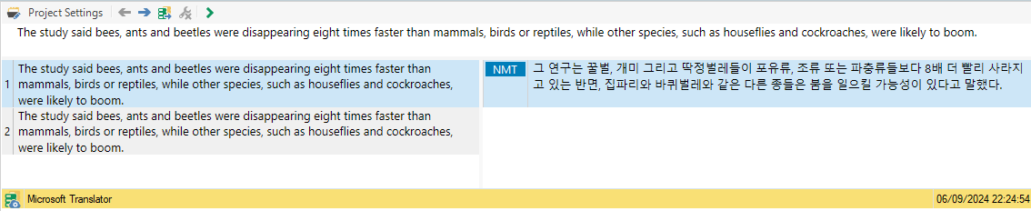 Screenshot of Trados Studio with a segment selected showing source text in English and target text in Korean. The Microsoft Translator plugin is visible at the bottom.