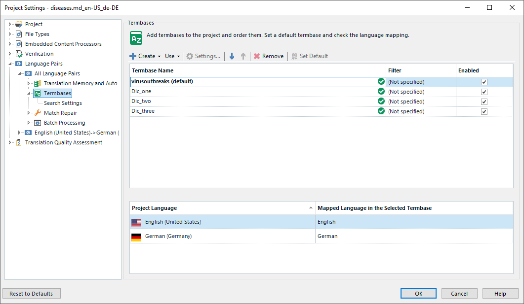 Screenshot of Trados Studio Project Settings showing Termbases section with three termbases listed: 'virusoutbreaks (default)', 'Dic_one', 'Dic_two', 'Dic_three'. All have filters not specified and are enabled. Project language mapping shows English (United States) to English and German (Germany) to German.