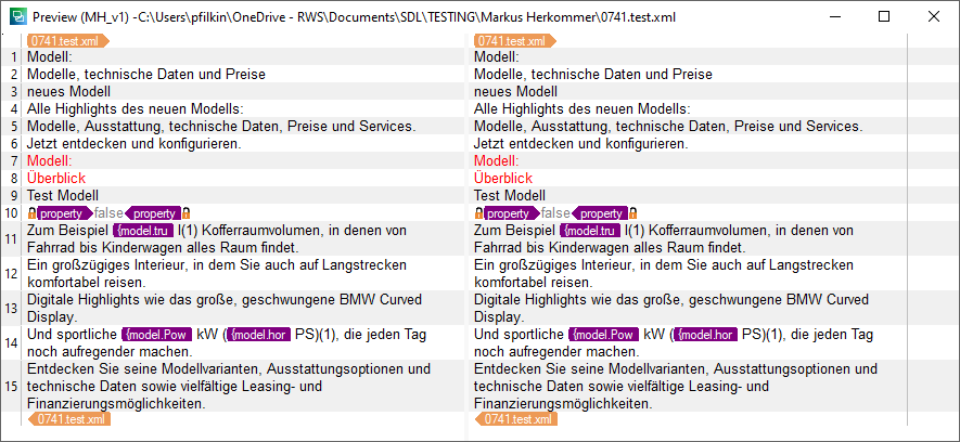Screenshot of Trados Studio interface showing a side-by-side comparison of source and target text segments with XML tags and placeholders. Some tags are highlighted indicating potential issues or selections.