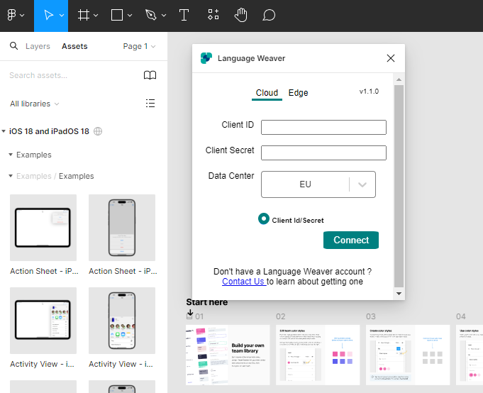 Screenshot of a Figma interface with a Language Weaver plugin window open, showing fields for Client ID and Client Secret, a Data Center dropdown set to EU, and a disabled Connect button.