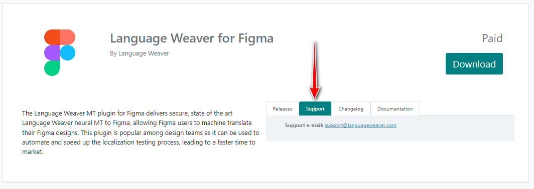 Screenshot of the Language Weaver for Figma plugin page, highlighting the Support tab with an arrow and showing the support email address.