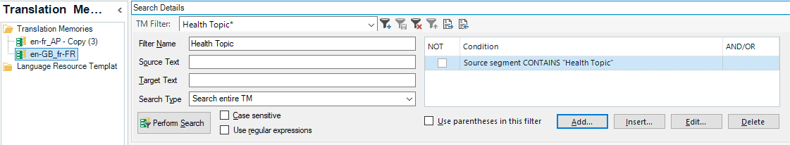 Trados Studio Translation Memories search details interface showing a TM filter named 'Health Topic' with the condition to search source text containing 'Health Topic'.