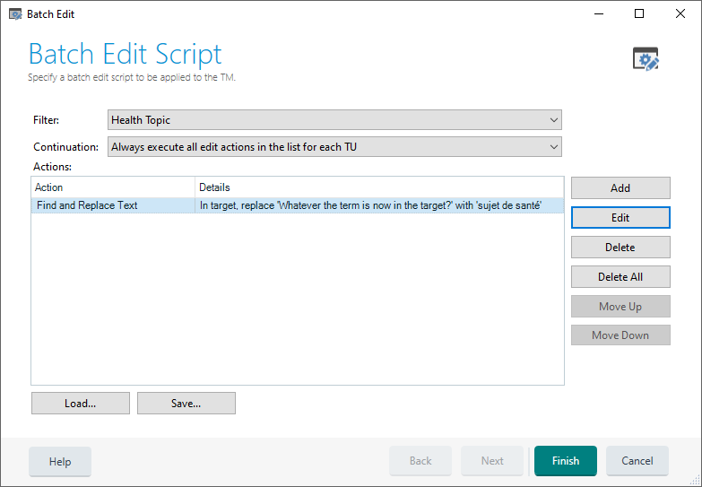 Batch Edit Script window in Trados Studio with a filter 'Health Topic' selected and an action to find and replace text in the target with 'sujet de sante'.