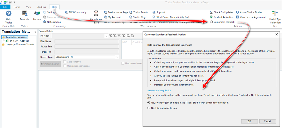 Screenshot of Trados Studio software with the Help menu open, showing a red arrow pointing to 'Customer Feedback' option. A dialog box titled 'Customer Experience Feedback Options' is open with information and a choice to join the Customer Experience Improvement Program.