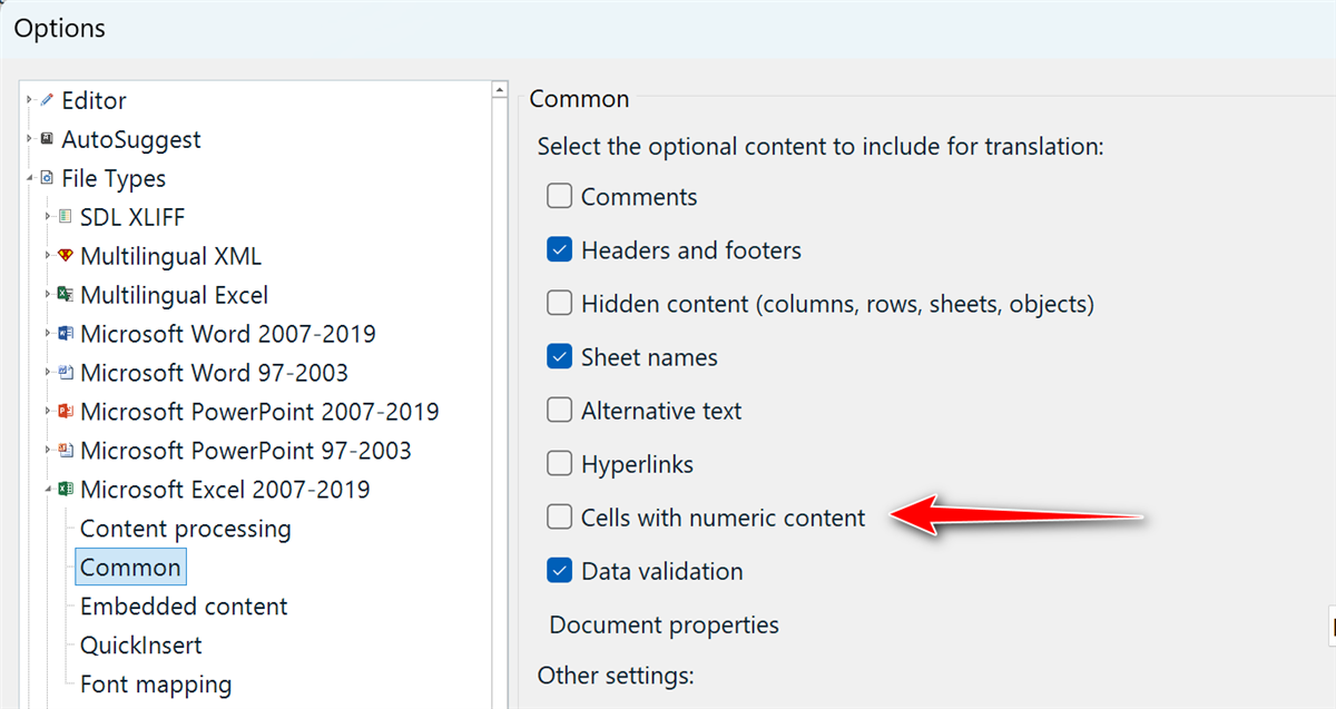 Trados Studio Options dialog showing Editor settings. A red arrow points to an unchecked 'Cells with numeric content' option under Common content processing settings.