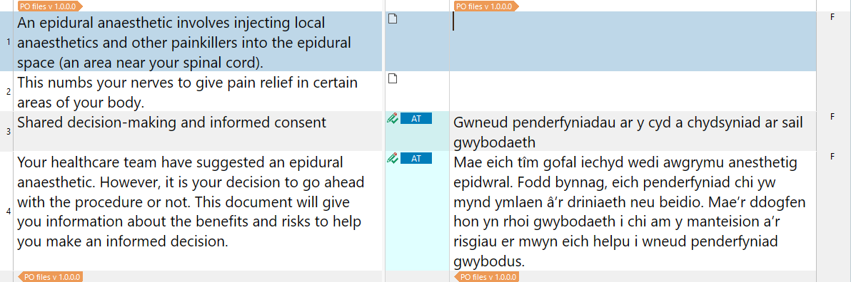 Screenshot of a PO file comparison tool showing English source text on the left and Welsh translation on the right. Each segment is numbered and marked with a check box.