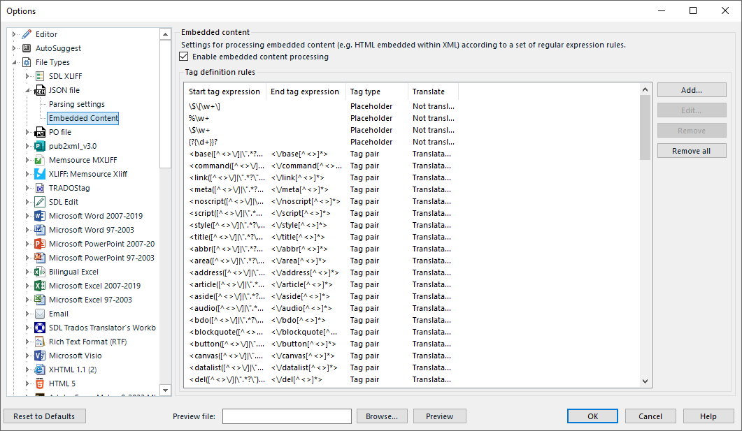 Screenshot of Trados Studio options menu showing file types and embedded content settings with regular expression rules for tag definition.