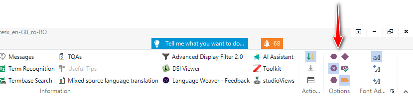 Screenshot of Trados Studio interface showing menu options with a red arrow pointing to the 'Options' icon. A notification with the number 68 is visible.