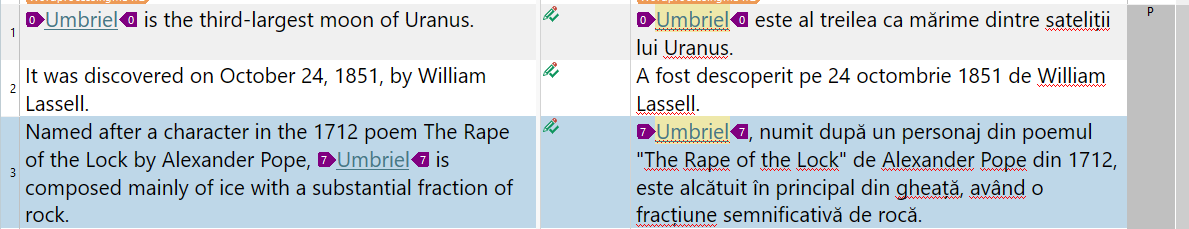 Screenshot of a Trados Studio segment comparison, showing text in English on the left and its translation in Romanian on the right, with comments and formatting tags.