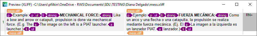 Screenshot of Trados Studio preview window showing bilingual text comparison with English on the left and Spanish on the right, highlighting 'MECHANICAL FORCE' and 'FUERZA MECANICA'.