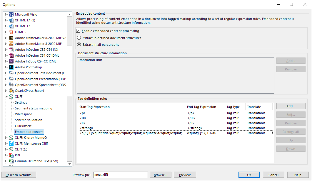 Screenshot of Trados Studio options menu for embedded content with tag definition rules for HTML elements like 'p', 'ul', 'li', 'strong', and 'a' tags.