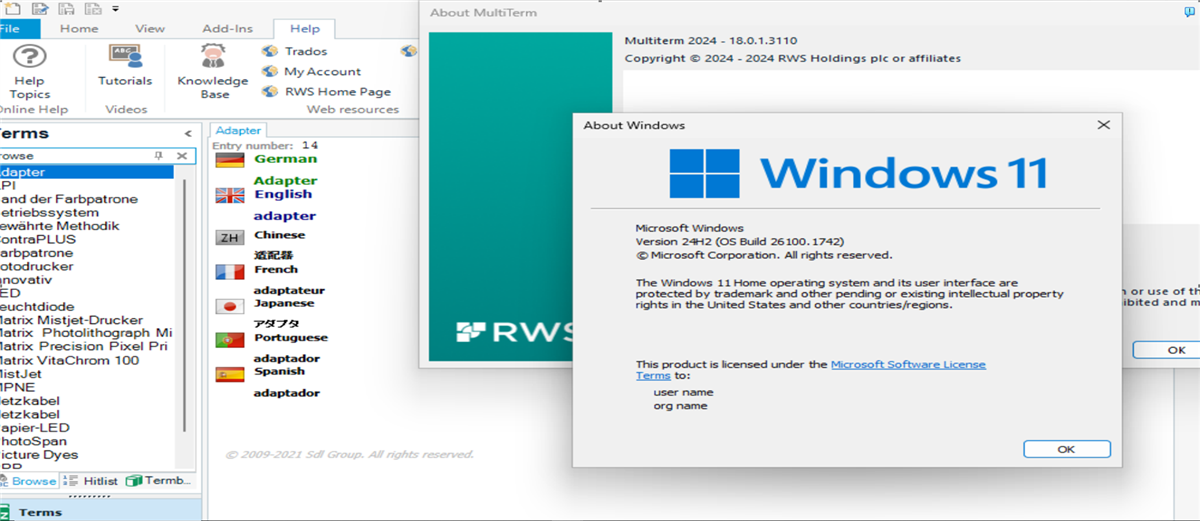 Screenshot of SDL MultiTerm 2024 software with a list of terms in various languages, and an 'About MultiTerm' window in the foreground. An 'About Windows' window shows Windows 11 Version 24H2 details.