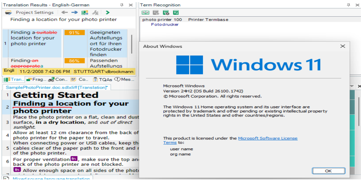 Screenshot of Trados Studio translation results with highlighted term recognition, and an 'About Windows' window displaying Windows 11 Version 24H2 information.