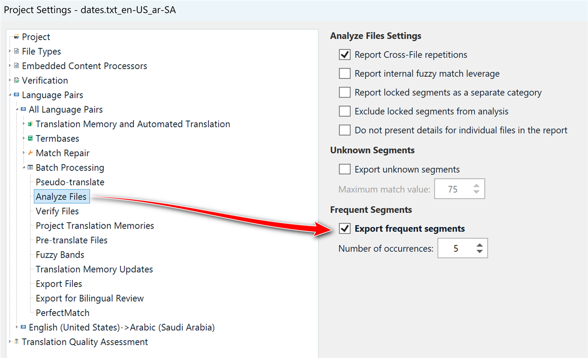 Screenshot of Trados Studio Project Settings showing the 'Analyze Files' section with 'Export frequent segments' option checked and 'Number of occurrences' set to 5.