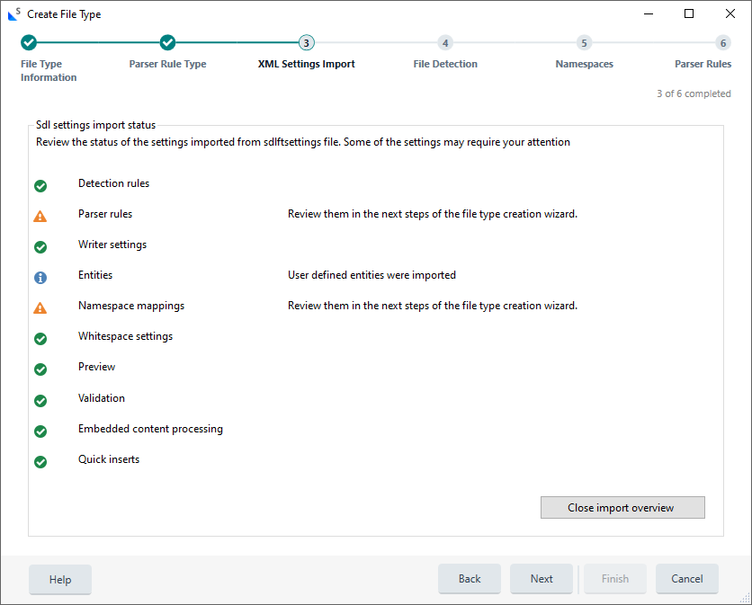 Trados Studio screenshot showing the 'Create File Type' wizard with a list of settings. Warnings are visible for 'Parser rules' and 'Namespace mappings' indicating they require review.