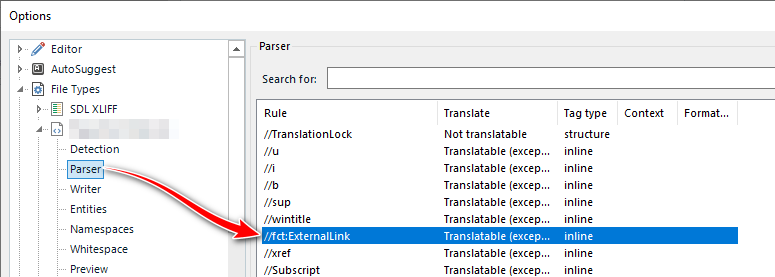 Trados Studio 'Options' window with the 'Parser' section expanded, showing a rule where the prefix 'fct' is used in the XPath expression.