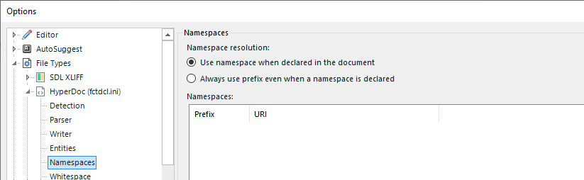 Trados Studio 'Options' window with the 'Namespaces' section selected, showing options for namespace resolution without any namespaces listed.