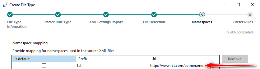 Trados Studio 'Create File Type' wizard showing the 'Namespace mapping' section with 'fct' as the prefix and 'http:www.fct.comsomename' as the URI.