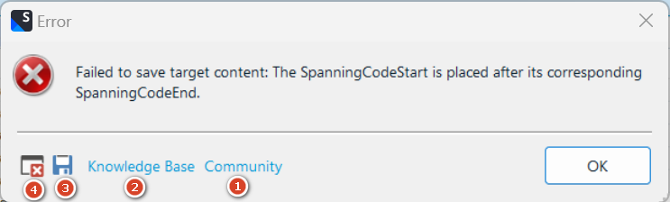 Error dialog box from Trados Studio with a message: Failed to save target content: The SpanningCodeStart is placed after its corresponding SpanningCodeEnd. Four numbered links below: 1 Community, 2 Knowledge Base, 3 Save Report, 4 View Report.