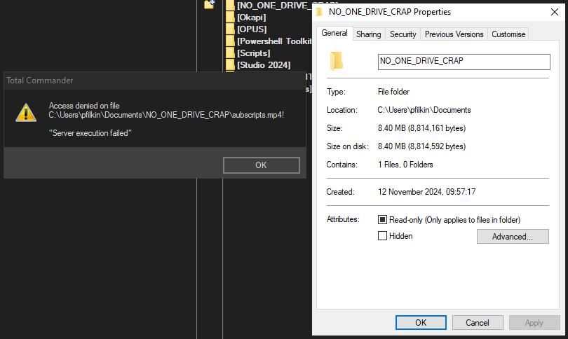Error message from Total Commander stating 'Access denied on file C:UserspfklinDocumentsNO_ONE_DRIVE_CRAPsubscripts.mp4' with 'Server execution failed'.