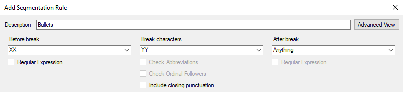 Screenshot of the 'Add Segmentation Rule' dialog in Trados Studio with fields for 'Before break', 'Break characters', and 'After break', and options for regular expressions and punctuation.