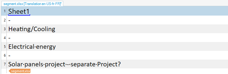 Screenshot of Trados Studio showing a segment list with items 'Sheet1', 'HeatingCooling', 'Electrical energy', and 'Solar panels project:--separate.Project?' with inconsistent hyphenation.