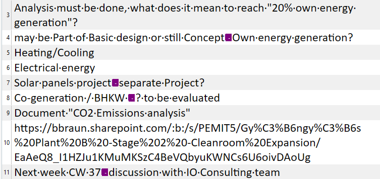 Screenshot of a text document with highlighted sections. Text includes items about energy generation, heatingcooling, and a SharePoint link. Red underlines indicate potential errors.