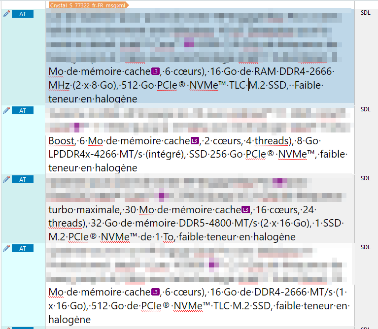 Screenshot of Trados Studio software showing segments of text with tags and formatting in a translation project. The text includes technical specifications about memory and storage.