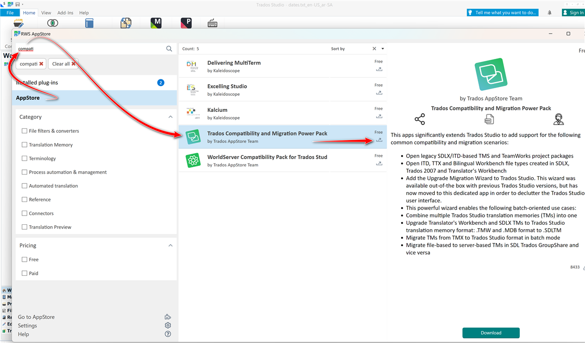 Screenshot of Trados Studio with the RWS AppStore tab open, showing a search for 'compati' with one result highlighted: 'Trados Compatibility and Migration Power Pack' by Trados AppStore Team, described as a free app to support various compatibility and migration scenarios.