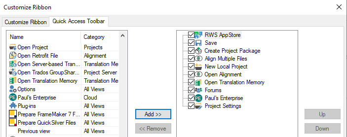 Customize Ribbon window in Trados Studio with Quick Access Toolbar tab open, showing various commands like Open Project and Prepare FrameMaker 7 Files.