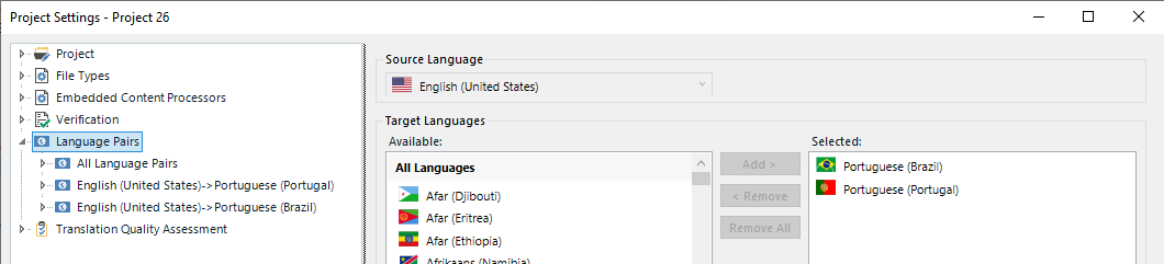 Screenshot of Trados Studio Project Settings showing Language Pairs with English (United States) as the Source Language and Portuguese (Brazil) and Portuguese (Portugal) as the Target Languages.