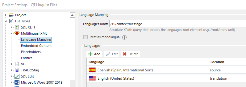 Screenshot of Trados Studio Project Settings showing Language Mapping for Multilingual XML with Spanish source and English translation.