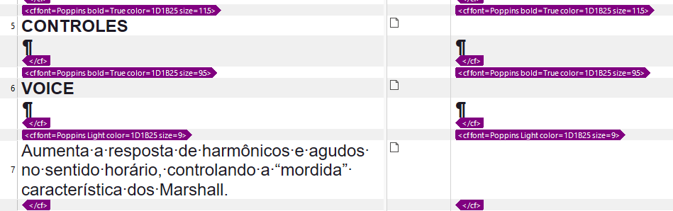 Screenshot of Trados Studio interface showing HTML-like tags and formatting instructions around the headings 'CONTROLES' and 'VOICE', and the subsequent Portuguese text.