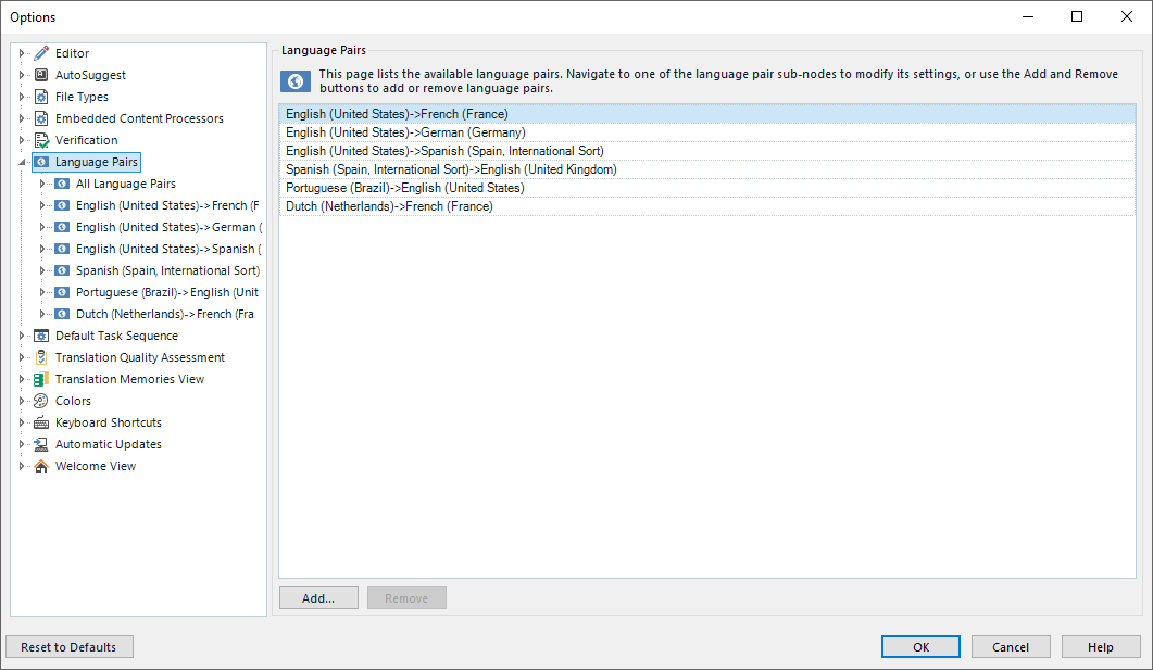 Screenshot of Trados Studio Options showing Language Pairs with a list including English to French, English to German, English to Spanish, Portuguese to English, and Dutch to French.