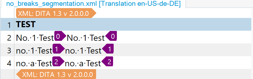 Screenshot of Trados Studio interface showing a segment comparison with numbered items and highlighted differences.