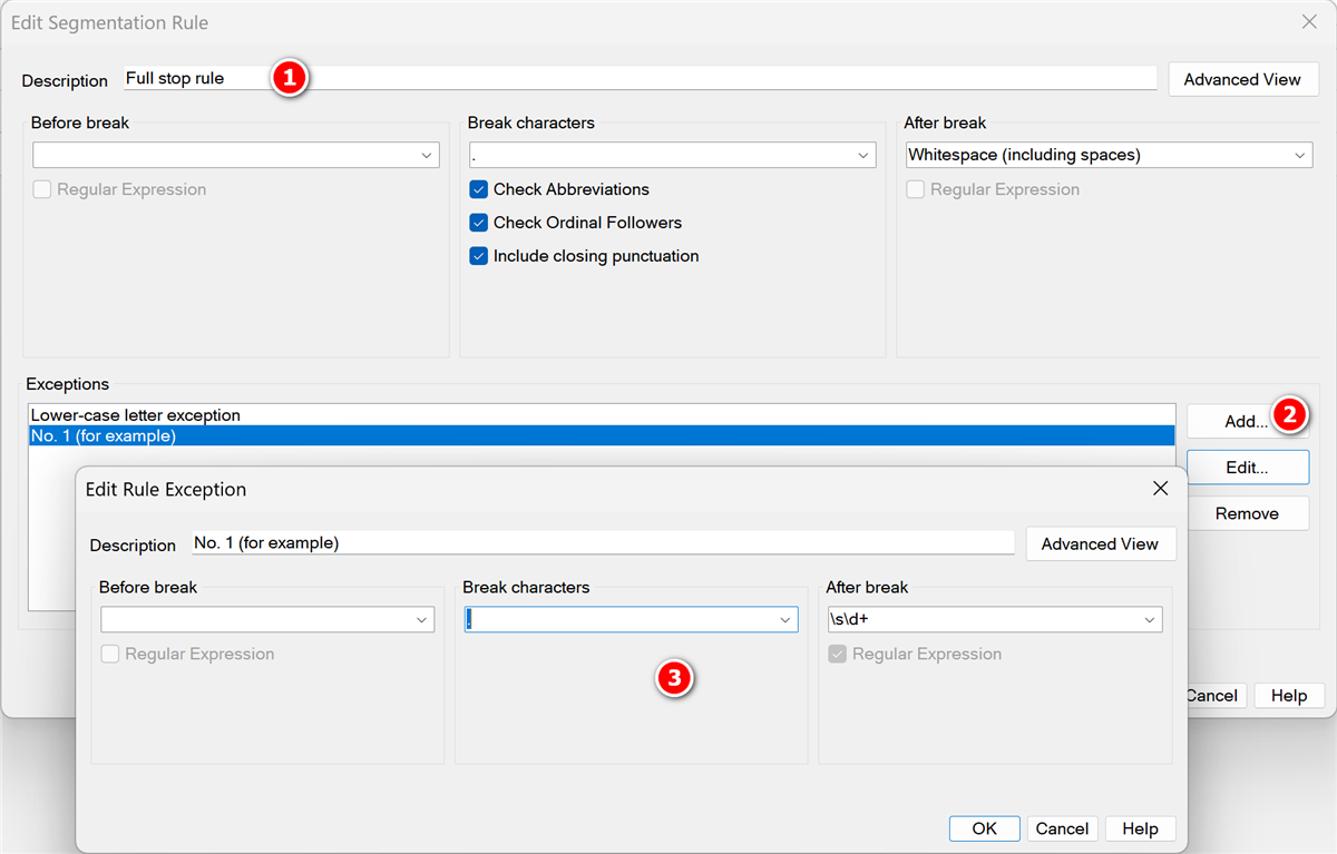 Screenshot of Trados Studio Edit Segmentation Rule dialog with Full stop rule selected and an exception for lower-case letter listed.