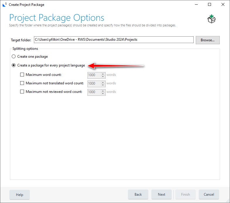 Screenshot of Trados Studio's 'Create Project Package' window with options to specify target folder and splitting options. 'Create a package for every project language' is selected.