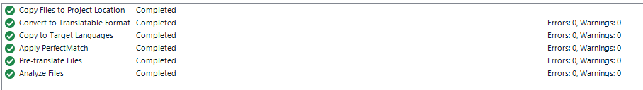 Screenshot of Trados Studio showing a batch tasks summary with all tasks completed and no errors or warnings.