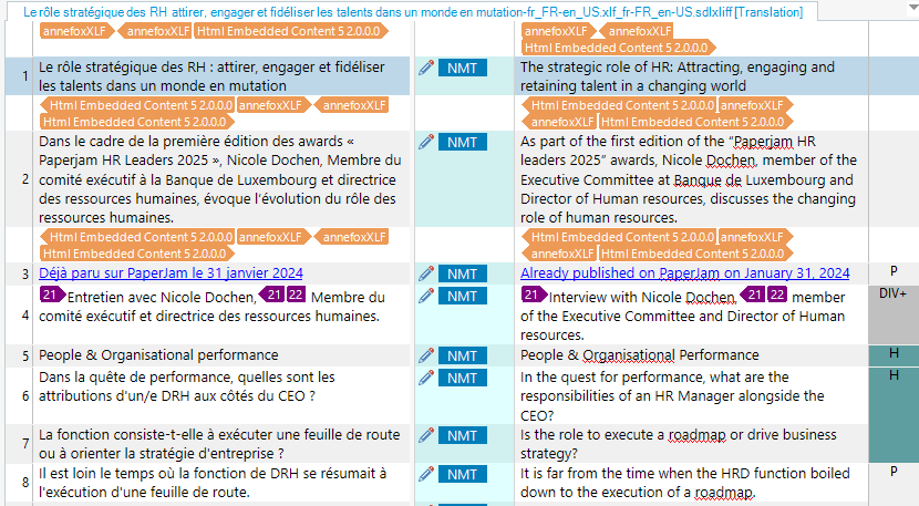 Screenshot of Trados Studio software showing a bilingual review with source text in French and target text in English. Various segments are highlighted with annotations for NMT, P, and H indicating translation status or comments.